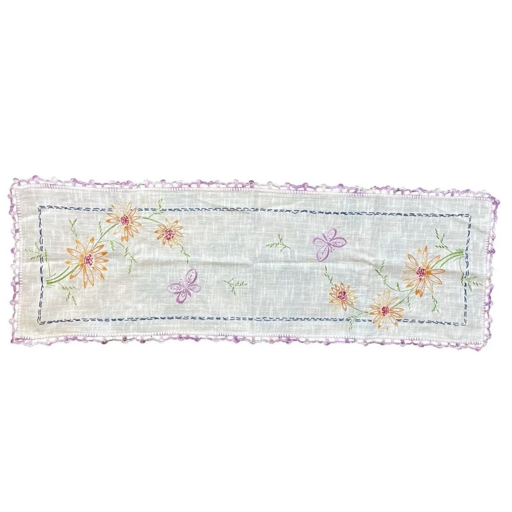 Linen Table Runner Dresser Scarf Embroidery Floral Crochet Purple Edge 36